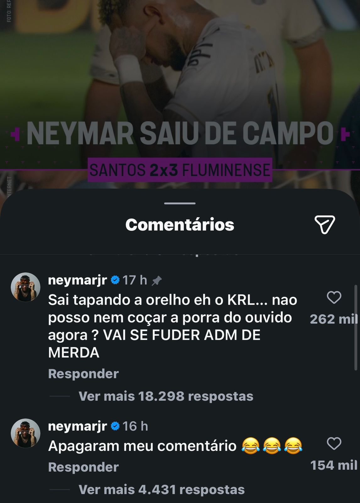 Neymar xinga e rebate post da TNT Sports após "coçada" no ouvido / Reprodução: Instagram