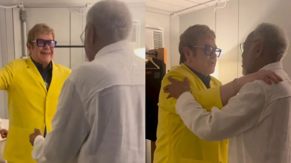 Gilberto Gil e Elton John se encontram nos bastidores do Rock in Rio e trocam elogios