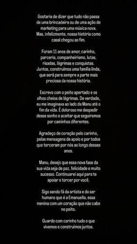 Postagem de Anderson Halliday sobre o fim do casamento com Manu.