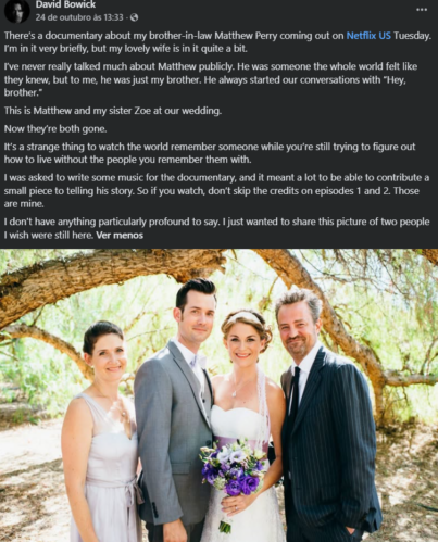 Cunhado de Matthew Perry publicou desabafo no Facebook (Foto: Reprodução/Facebook)