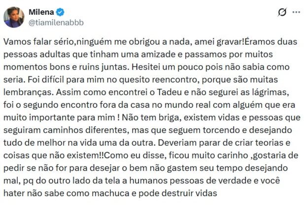 Milena após reencontrar Ana Paula